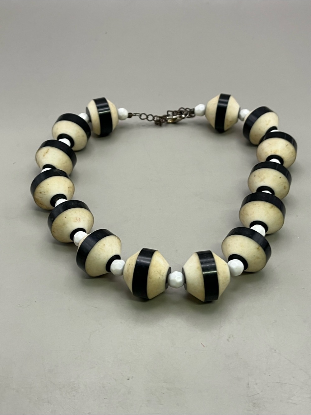 Vintage Chunky Striped Beaded Black Cream Statement Choker | Mod Art Deco Tribal